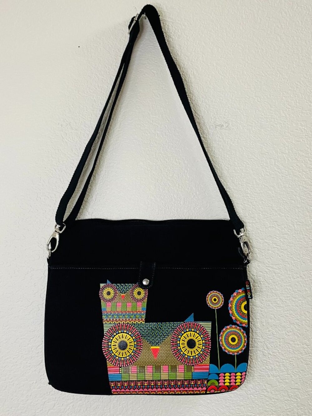 Poketo Geometric Cat Design Black Canvas Messenger Laptop Bag